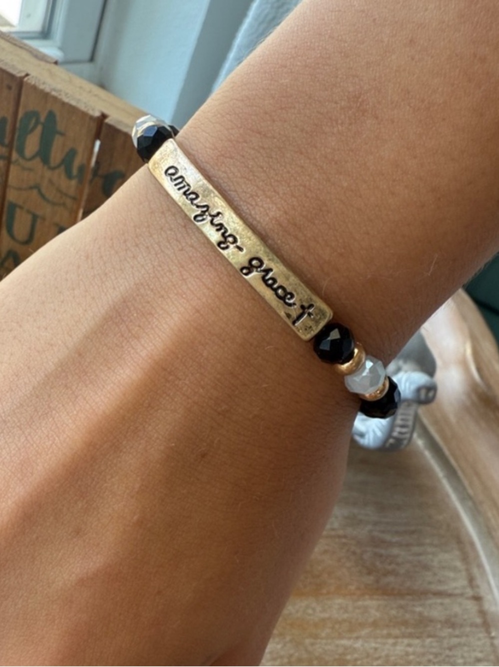 Amazing Grace Black Beaded Stretch Bracelet with Gold Accent - Picture 3 of 11